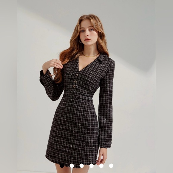 NEW! AIR SPACE Temperament Lapel Classic Tweed Short Dress (Black) - Picture 2 of 8